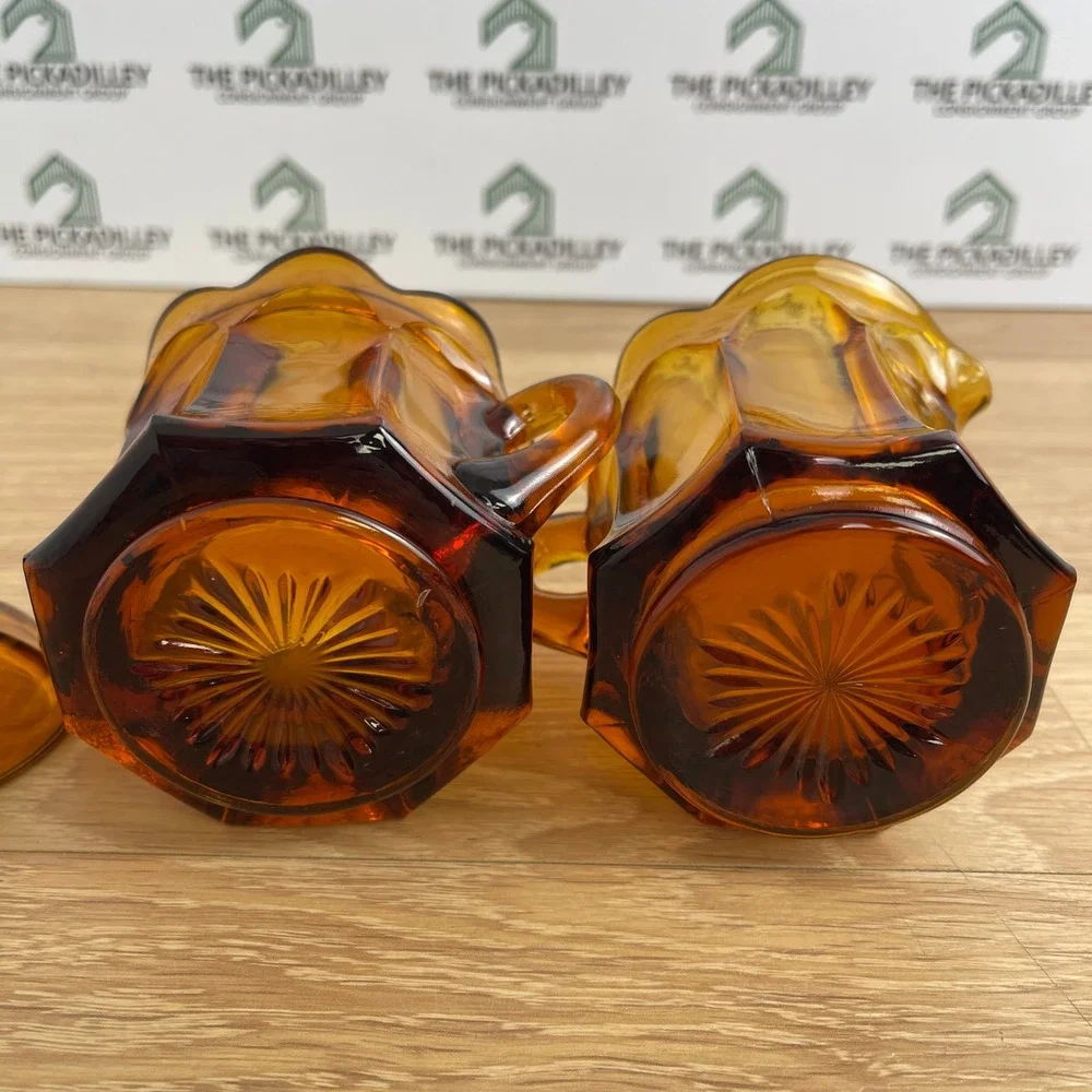 Vintage Amber Glass Cream and Sugar Set Paneled Scalloped MCM Retro Orange Glass